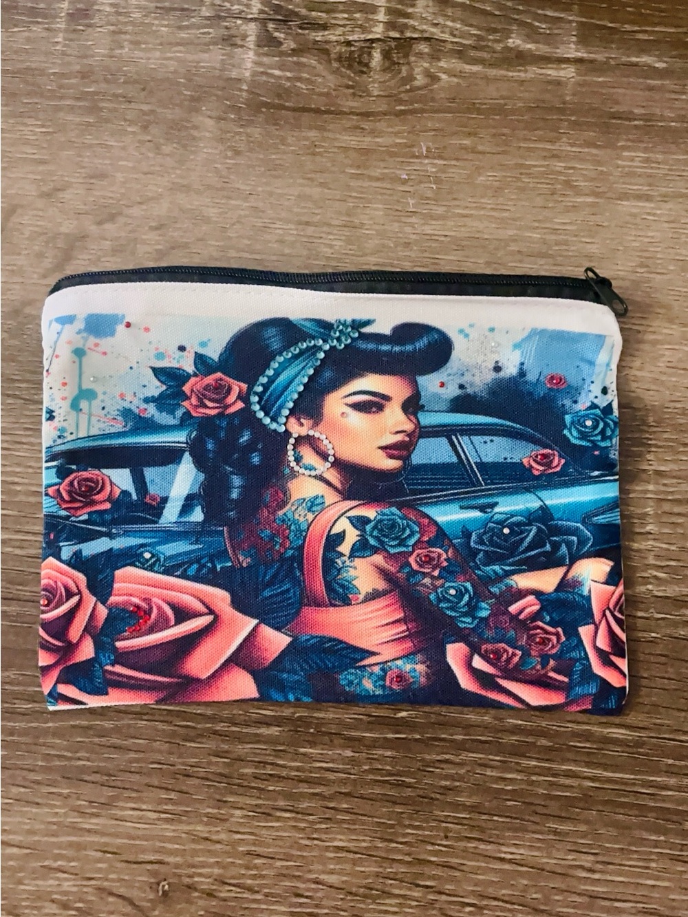 Tattoo Rose Zip Pouch makeup bag bling rhinestones - Blue & Pink Floral Print